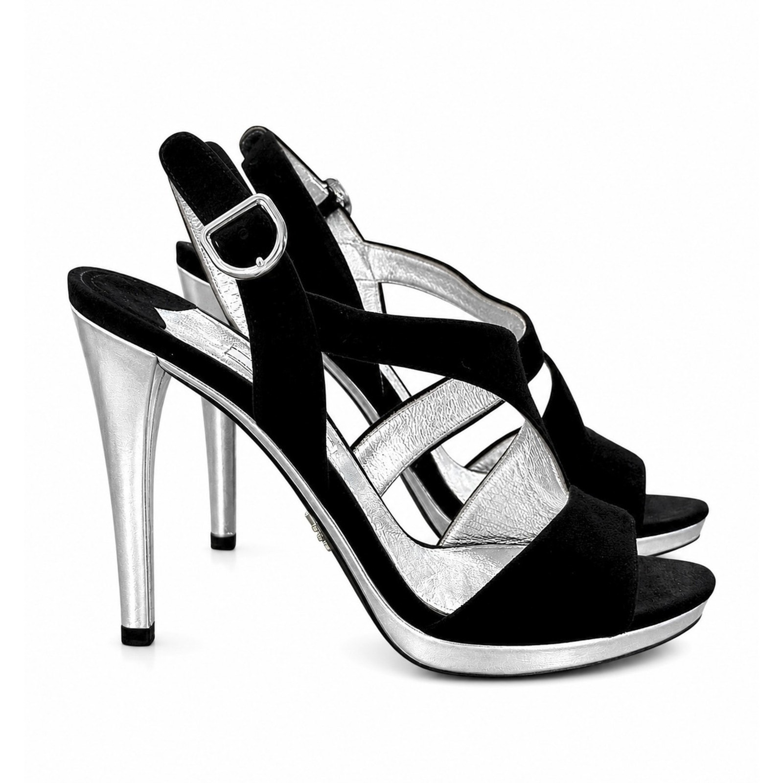 Prada Black Suede Silver Metallic Heels Slingback Platform Sandals 37 Italy